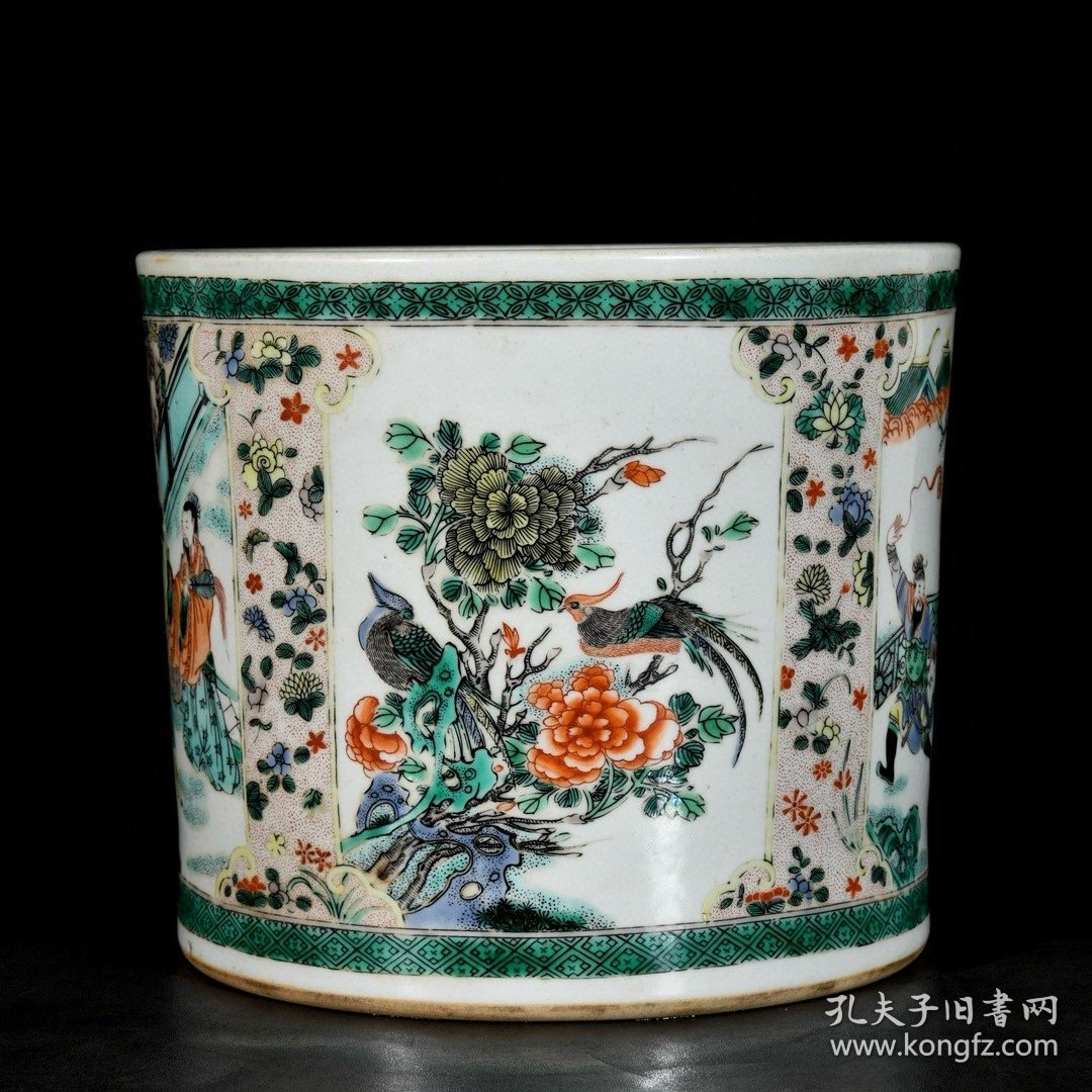点击查看原图 清康熙五彩开窗人物花鸟故事纹笔筒;19.3x22厘米