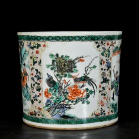 清康熙五彩开窗人物花鸟故事纹笔筒;19.3x22厘米