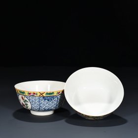 清宣统青花开窗粉彩花卉碗 6*11厘米