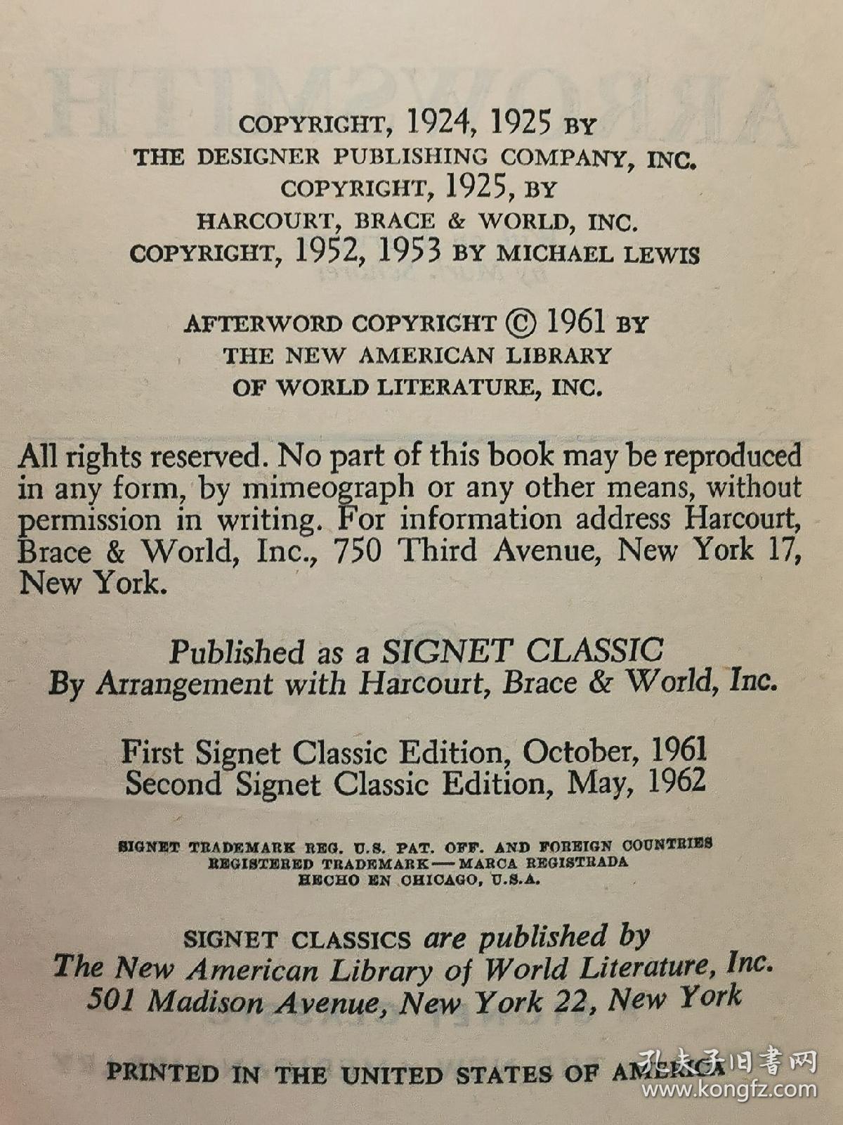 辛克莱·刘易斯 《阿罗史密斯》 Arrowsmith by Sinclair Lewis   [ A Signet Classic 1961年版 ]（美国文学）英文原版书