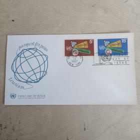06联合国1967邮票 纽约 国际旅游年 火车 飞机 汽车 首日封 一封2全 品相如图