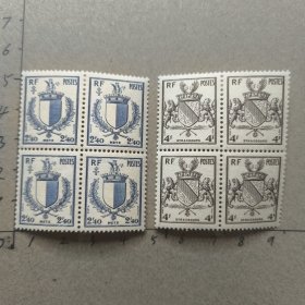 邮票收藏法国1945年 梅斯和斯特拉斯堡解放纪念 徽章 雕刻版外国邮票 新 2全 四方联 品相如图 有纸点，一枚票轻软痕