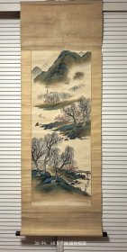 日本明治至大正时期著名画家田中柏蔭 青绿山水图 日本原裱立轴 带木箱.