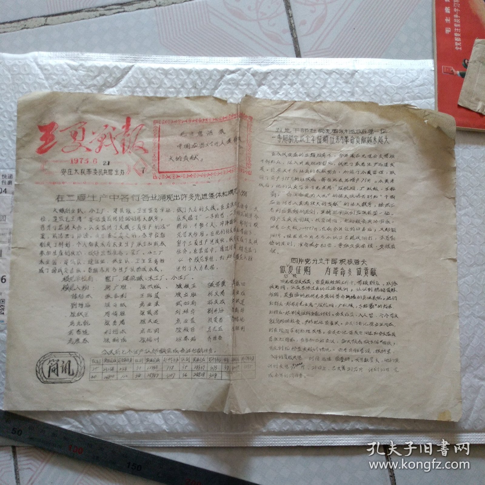 怀旧收藏 三夏战报 1973.6.21 安庄大队革委民兵营主办7 双色油印版 肥城