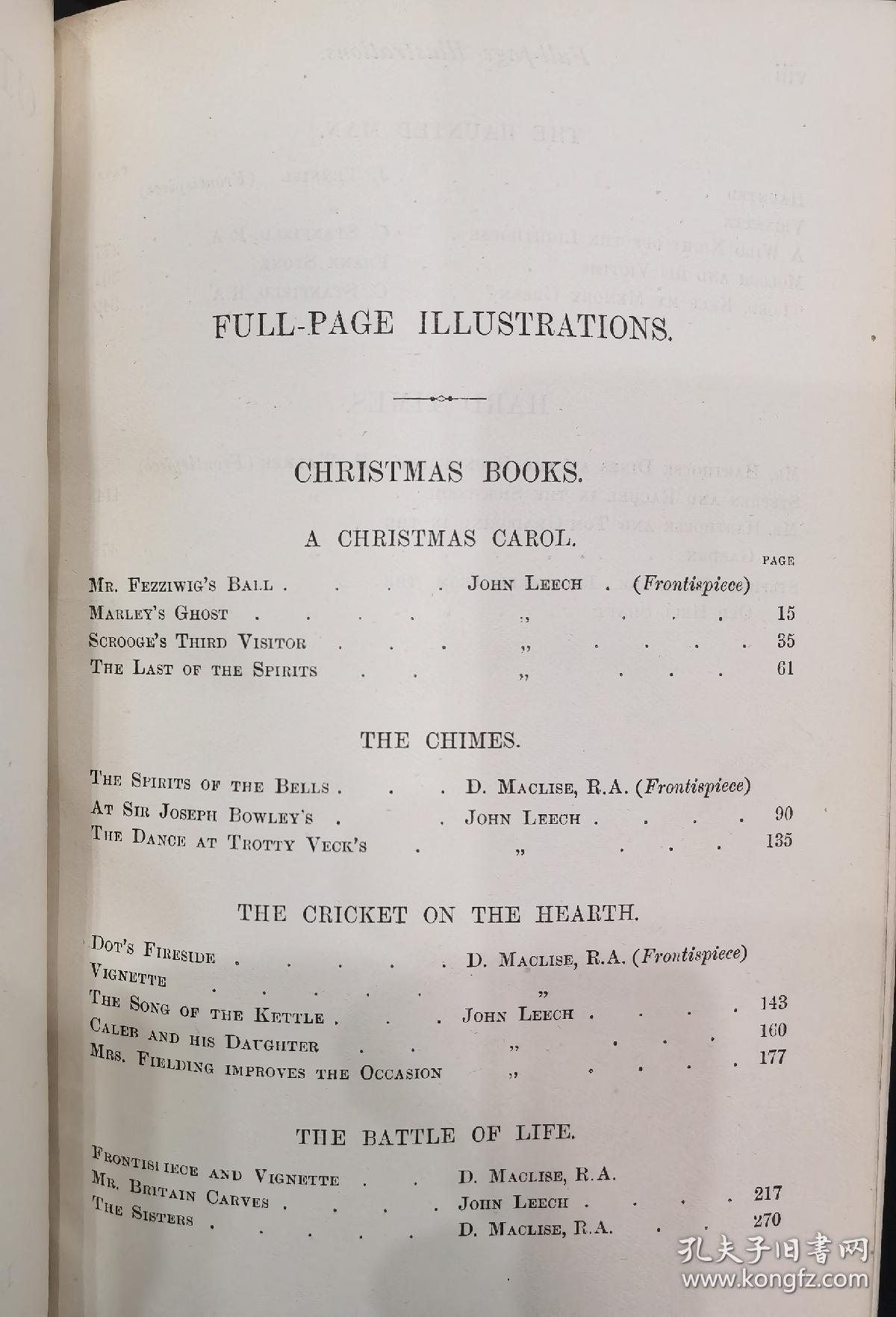 1891年CHARLES DICKENS ：Christmas Books / Hard Time_ 狄更斯《圣诞故事集》《艰难时世》两卷合一册，3/4真皮古董书， 精美版画插图，英文原版