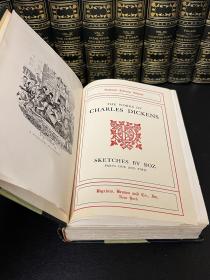 1868《狄更斯文集》The Works of Charles Dickens，
20册大全套，国立图书馆特辑，墨绿色真皮装帧，真丝布面，竹节背压花烫金，顶金侧底毛边，经典插图，厚重大开本。基本未翻动过，整体状态非常好。