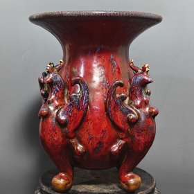宋官窑钧瓷窑变蚯蚓走泥纹四风尊花瓶摆件：尺寸27x23厘米