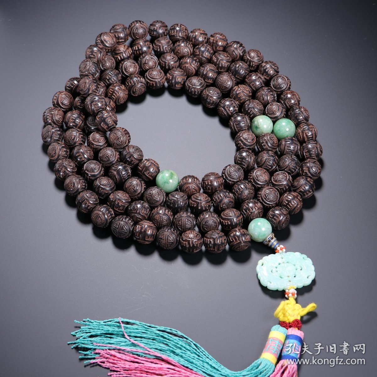 清代 沉香雕团寿纹108佛珠