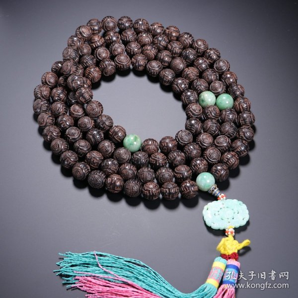 清代 沉香雕团寿纹108佛珠