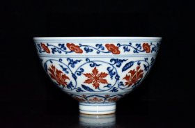 明代宣德青花矾红缠枝花卉纹鸡心碗 古玩古董古瓷器老货收藏