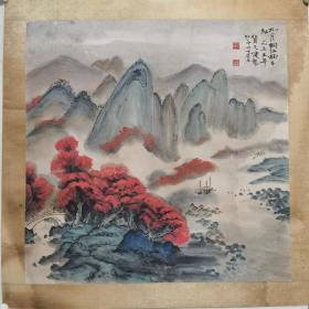 贺天健九月桐江桕子红，画作变化多端，丘壑深具，设色大胆，用复色表现了多层次，
