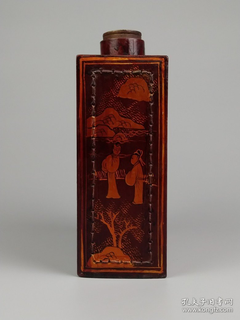 旧藏 【茶食罐】 大漆人物描金，牛皮包边，全品完整，尺寸如图！