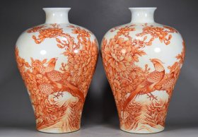 清乾隆矾红釉花鸟纹梅瓶古董古玩古瓷器收藏