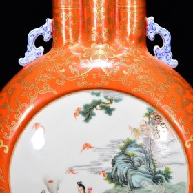 清乾隆胭脂红描金人物故事纹扁瓶尺寸30*24厘米编号13462580053