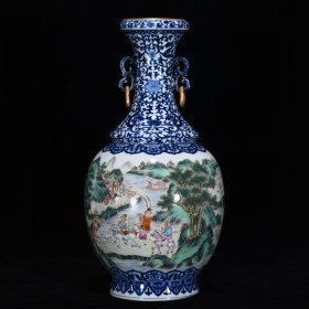 清乾隆青花粉彩八蛮进宝人物双耳瓶，高42.5厘米，直径21厘米