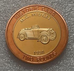M.G.MIDGET 1930 名爵-侏儒 南乔治亚岛2010年“经典的汽车”镶嵌币 面值2镑 发行量1000枚 ，直径38毫米,外环红铜本色,内芯镍质镀24k金,有自然氧化。