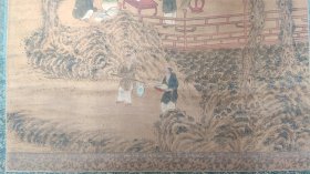 回流字画：南画大名家：田能村竹田，竹田生，松下研经图，文政丙戊写于砚田农舍，画工细致极精之作，大幅绢本设色山水立轴，，原装绫裱，整幅199*53.8画心136*40.8