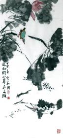 宫本朋三尺整张条幅《雨荷》