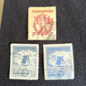 A519捷克斯洛伐克邮票1950年 滑雪锦标赛  销 3全 如图