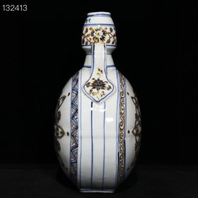 明宣德青花描金宝相花纹双耳扁瓶,