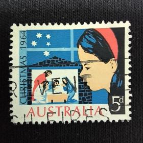 Aus01外国邮票澳大利亚1964年《圣诞节-女孩观看圣诞场景》（票小） 信销 1全 邮戳随机