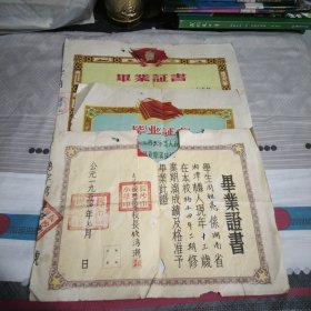 毕业证书.为人民服务.长沙市复兴街小学.1954年7月34.5×26.8cm，1957年7月34.5×26.8cm，1963年7月30×25.5cm，3张