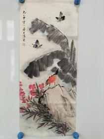 江苏句容籍，上海书画家 房介复 水墨手绘 花鸟画一副 霉斑严重 旧托片 尺寸68x29保真包手绘