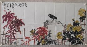 安徽著名画家 郑正先生 四尺整张花鸟画一幅《鸟语花香》尺寸136x68厘米，保真