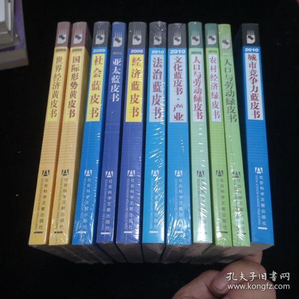 皮书系列：2009年世界经济形势分析与预测、全球政治与安全报告、2009年中国社会形势分析与预测、2009年中国经济形势分析与预测、中国城市竞争力报告NO.8：竞争力城市与国家同进退、中国人口与劳动问题报告No.11、中国农村经济形势分析与预测、2019年中国文化产业发展报告、中国法治发展报告No.8、亚太地区发展报告、中国人口与劳动问题报告No.12：人口就业和收入分配、共11本合售