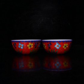 大明成化五彩磨光拤丝花卉杯（3.8×8.5cm）