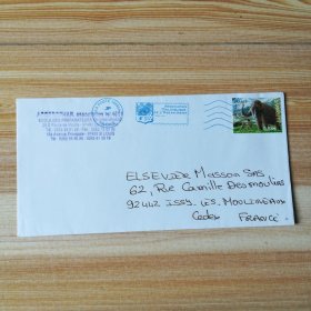 法国实寄封贴2008年发行的史前动物獴猛象邮票一枚