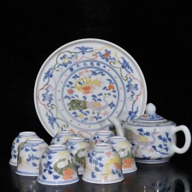 大明成化五彩釉下彩仙鹤纹茶具1（茶盘1.5×21.5cm杯5.2×6.3cm壶10.5×16.5cm）