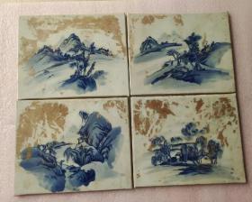 解放初，青花瓷山水人物瓷板画一套四片