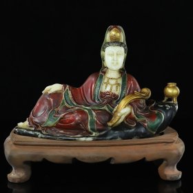 旧藏寿山白芙蓉石手工雕刻彩绘如意观音佛像摆件，品相佳 收藏佳品