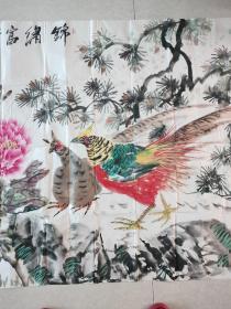 巨幅花鸟画：著名书画家李亦斌＂锦秀富贵万年春＂超大横幅243Ⅹ123cm。真迹，保真。