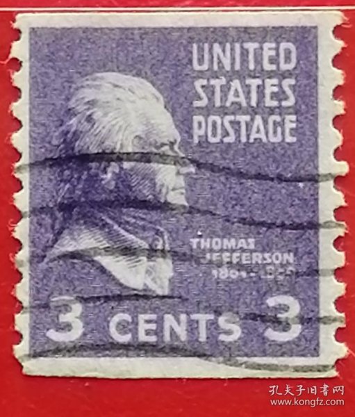 美国邮票 1939年 1938年版卷筒版 历届总统 杰弗逊杰斐逊 卷筒 13-4 信销（1743年4月13日－1826年7月4日）美国第三任总统（1801年─1809年）《美国独立宣言》主要起草人，美国开国元勋之一，与乔治·华盛顿、本杰明·富兰克林并称为美利坚开国三杰。在任期间保护农业，发展工业。从法国手中购买路易斯安那，使当时的美国领土近乎增加了一倍。创办了弗吉尼亚大学并担任第一任校长。