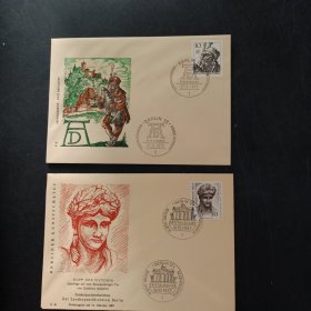 西柏林发行艺术作品邮票首日封2枚，这种版本首日封非常漂亮，很少见版本，本店邮品满25元包邮。本店还在孔网开“韶州邮社”