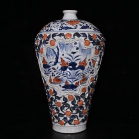 元代幕府金莲川青花釉里红雕刻捏花鸳鸯戏水麒麟纹梅瓶（44×25cm）