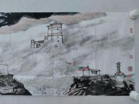 保真书画，张留成四尺对开《佛道净土》国画一幅，尺寸：35*137软片，现为中国国家画院研究员，中国美术家协会会员，黑龙江省美术家协会理事，中国煤矿文联美术家协会艺委会副主任，西藏艺术研究院研究员。
