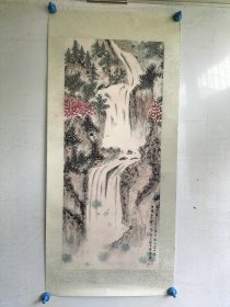 上海书画家储光逵，水墨手绘山水画一副镜心旧裱，画心尺寸74x36厘米