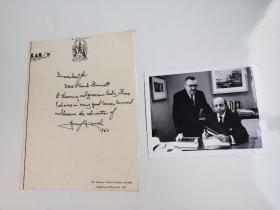 20世纪肖像摄影大师 摄影界的伦勃朗 优素福·卡什 Yousuf Karsh 1960年亲笔信 附照片