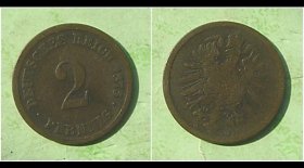 德国1875年2芬尼硬币 铜币 D厂 短翅鹰 第二帝国时期 