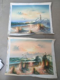 手绘油画海岸浪花灯塔海鸥 两张 24010603