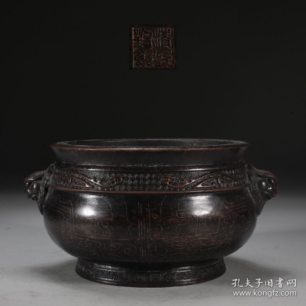 明 铜胎错银丝夔龙纹狮首耳簋式炉