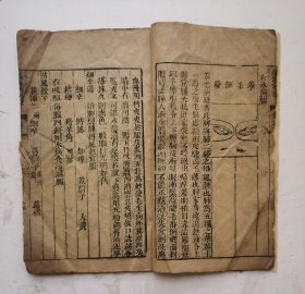 唐代著名医学家孙思邈眼科《银海精微》卷一、卷二，两册，一套全集，是一部眼科著作，唐代医学家、“药王”.孙思邈撰，清代周亮節生之氏校正，道家以眼目为银海，书中论五轮八廓及各种眼病的证治，并附很多种眼病图，详论眼科疾病的治疗方法，除内服方药外，尚有洗、点、针劆等外治法。并附眼科诸病治疗方剂、金针拨翳障法、药方歌诀以及眼科常用药的药性论等。很稀见清代木板眼科著作，大字木刻大板本。非常珍贵！