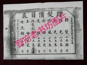 1950年理发价目表 太原市理发业联合会公议 各项理发价格以每日小米价格折算收取人民币 是1950年代初期商品物价资料 复印件