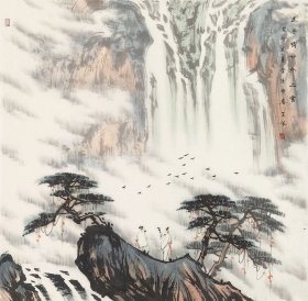 保真书画，当代山水画名家，班粤生国画一幅53*53cm，软片。