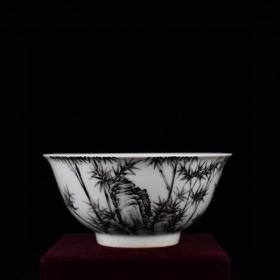 清雍正墨彩竹石纹碗 古玩古董古瓷器老货收藏