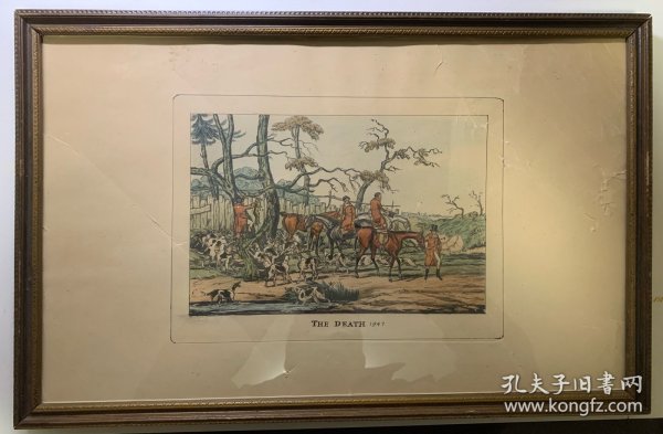 一副民国字画，钢笔画或水笔画，带木框，创作于1947年，描述外国人打猎场景，画面色彩很好，保证是手绘，画右边有折痕和破，但不影响画面。尺寸57*36.5厘米，可带框卖，也可以拆开单独画卖。