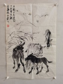 全太安，河北著名画家，黄胄弟子。画心尺寸69+45厘米。河北保定蠡县人。《五驴图》作品保真，八七年创作于北戴河。品相如图自然旧好